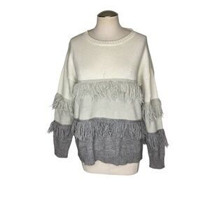 BiBi Fringe Sweater Colorblock Cream Gray Tiered Fringe Knit Medium